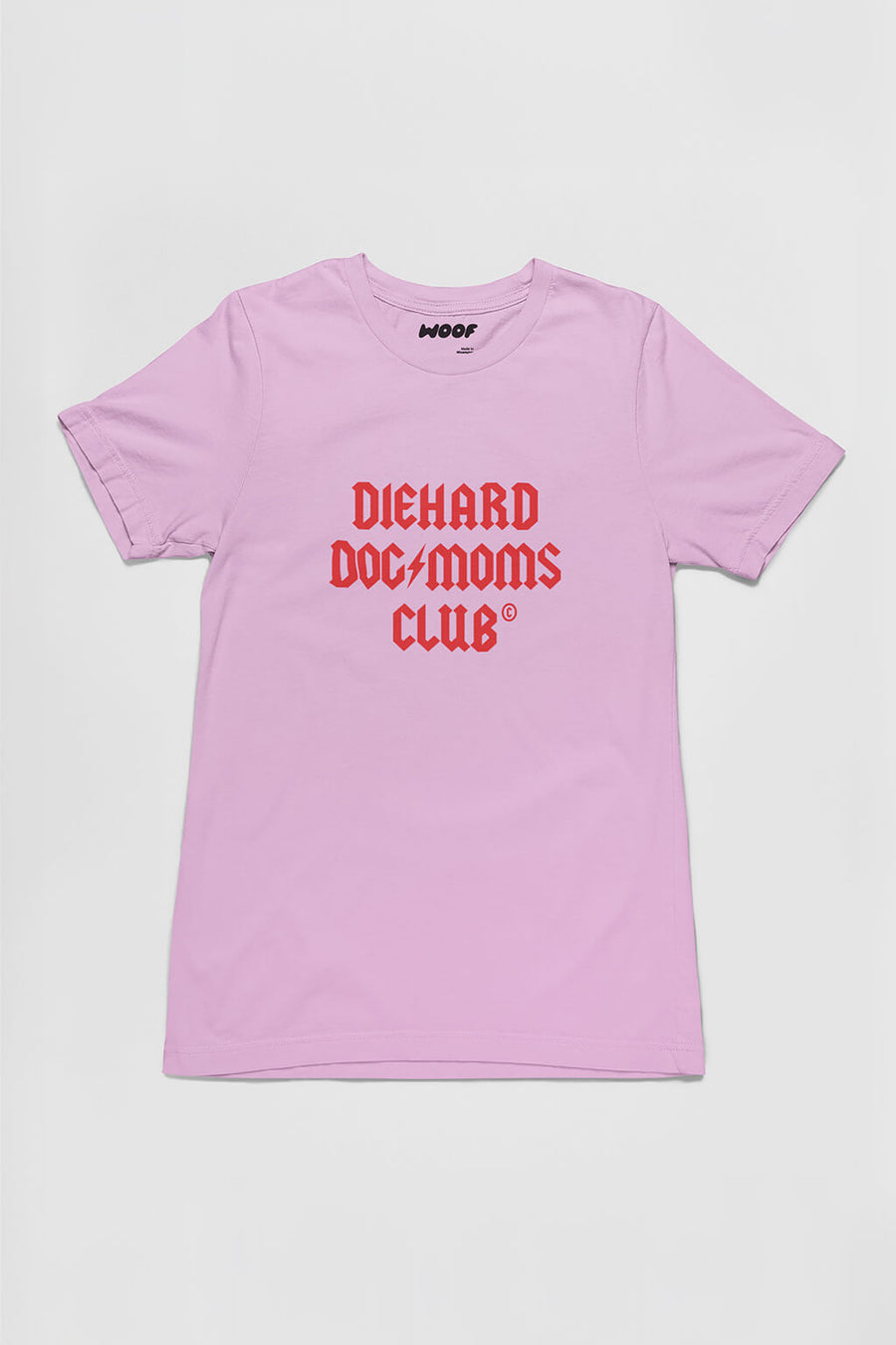 Lilac Diehard Dog Moms Club T-Shirt from WOOF, front view of the print