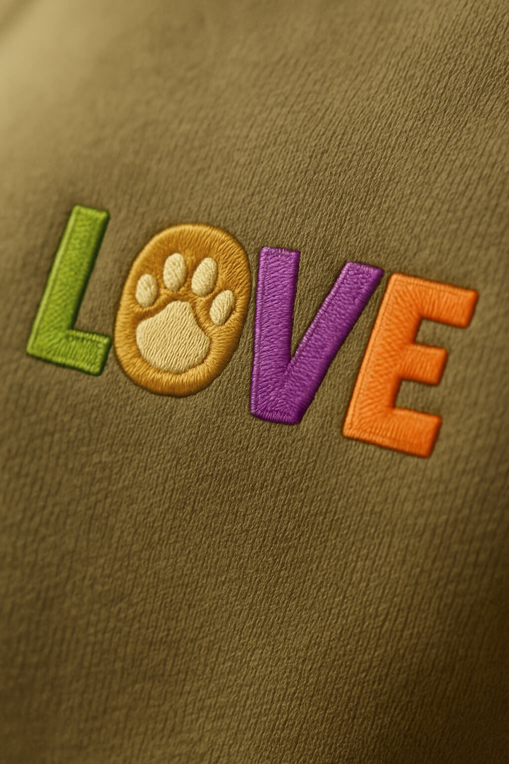 The Super Soft Dog Love Hoodie from Dogloverclothing.com has “LOVE” embroidered in green, purple, and orange on brown—with a yellow paw print for the O—making it perfect dog parent apparel!.