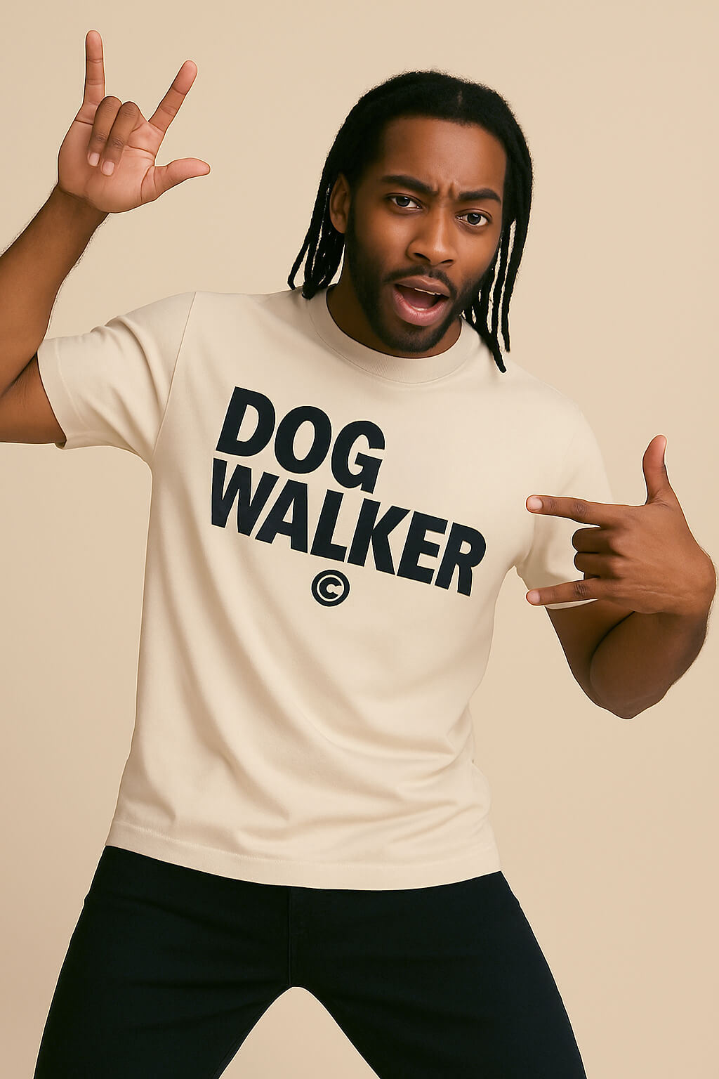 A man with medium braids wears the Relaxed Dog Walker© Unisex T-Shirt from Dogloverclothing.com, featuring bold black DOG WALKER text. He points playfully to the print against a beige background.