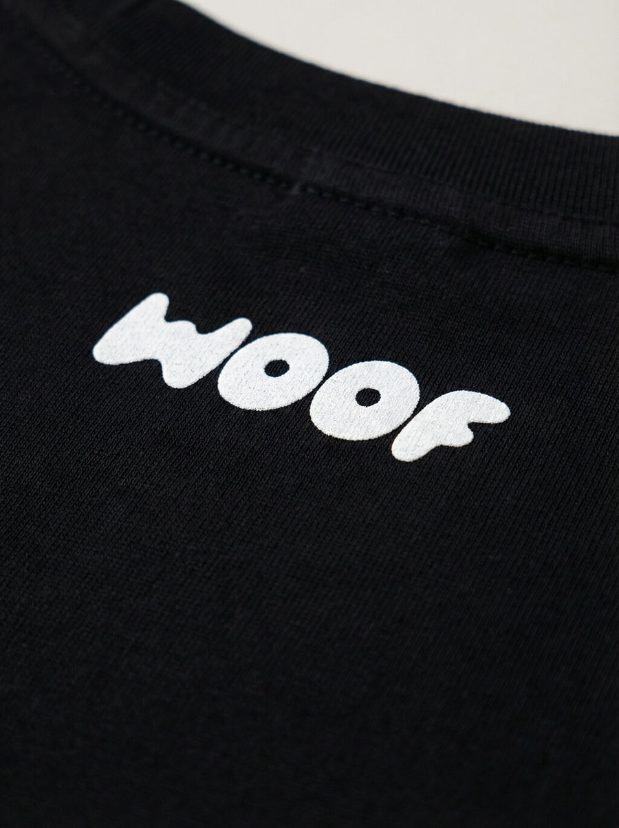 Close up of the back print on the black Good Boy Dog T-Shirt from WOOF