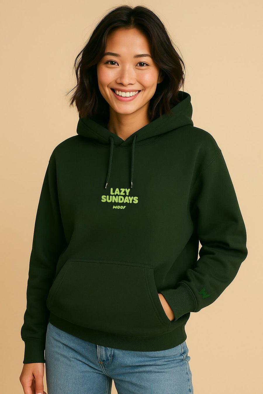 Dark green Lazy Sundays Frenchie Hoodie from WOOF, front view