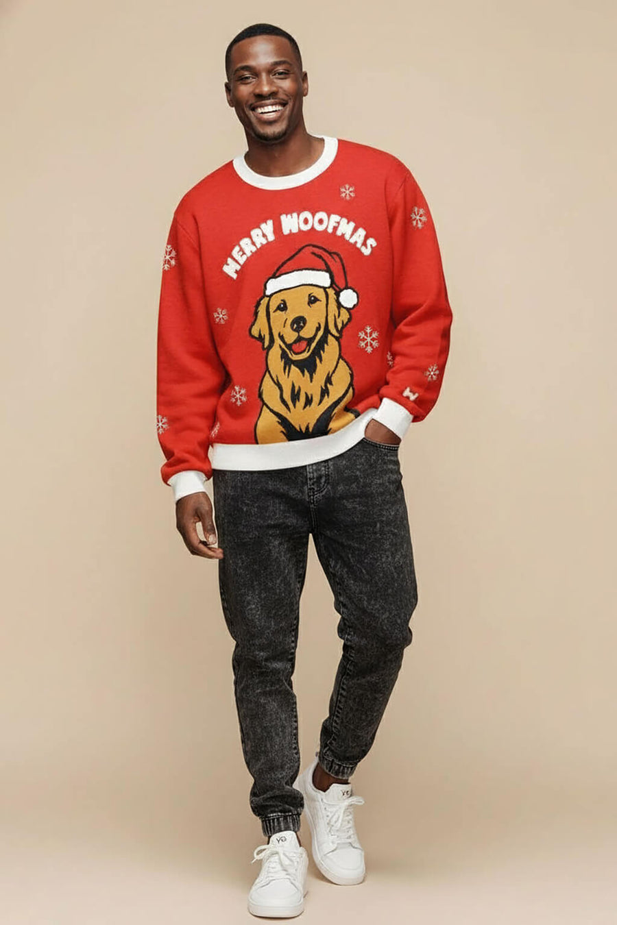 Golden Retriever Christmas sweater from WOOF, front view of the knitted pattern