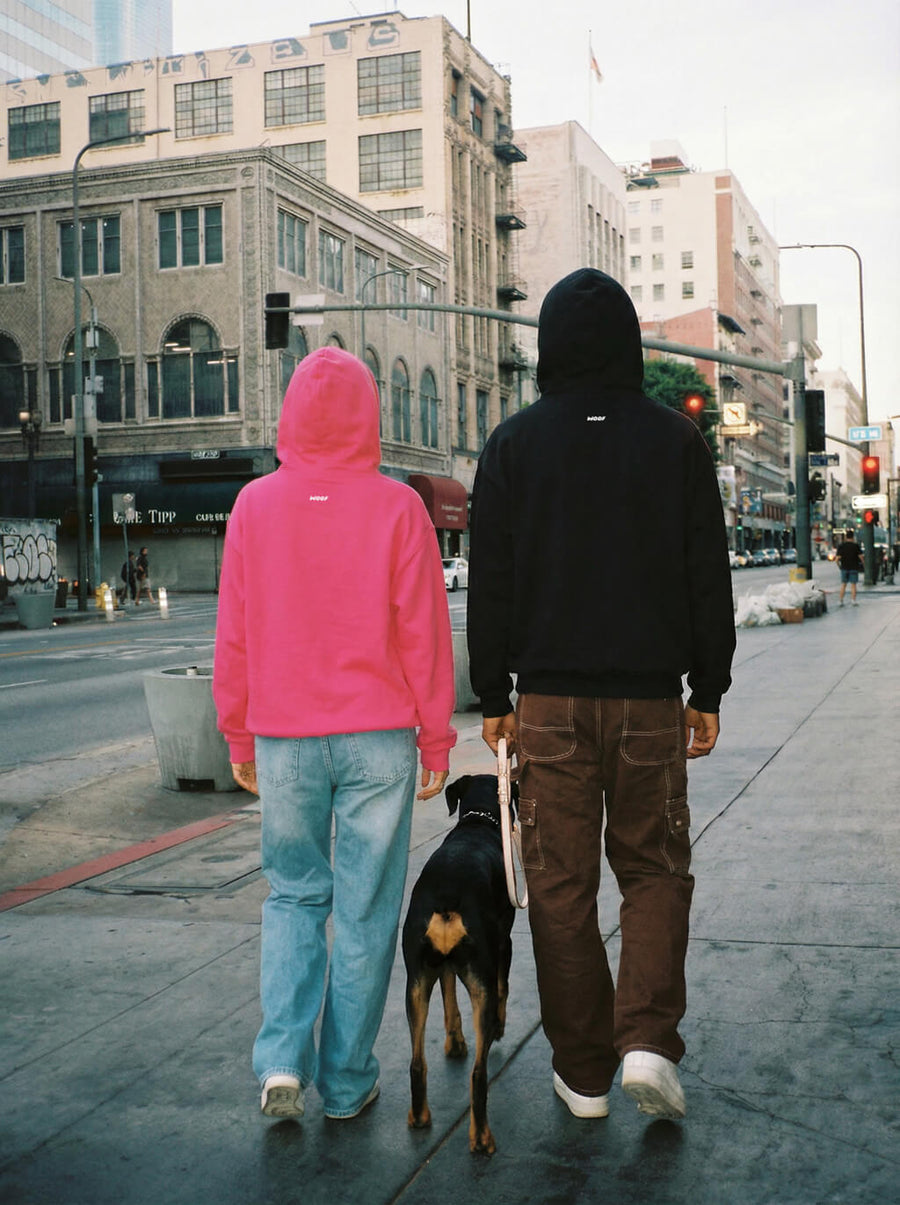 Back view of the pink and black My Dog And I Talk Hoodies from WOOF