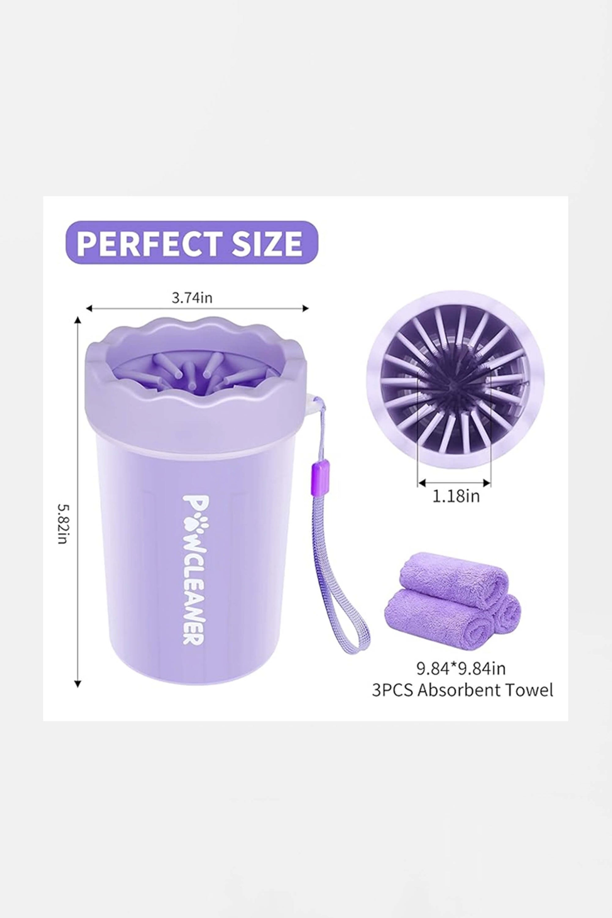 The Amazon Easy Paw-Cleaner for Dogs is purple, measures 5.82 inches tall and 3.74 inches wide, includes an internal soft brush and a strap, and comes with three absorbent towels sized 9.84 by 9.84 inches each.