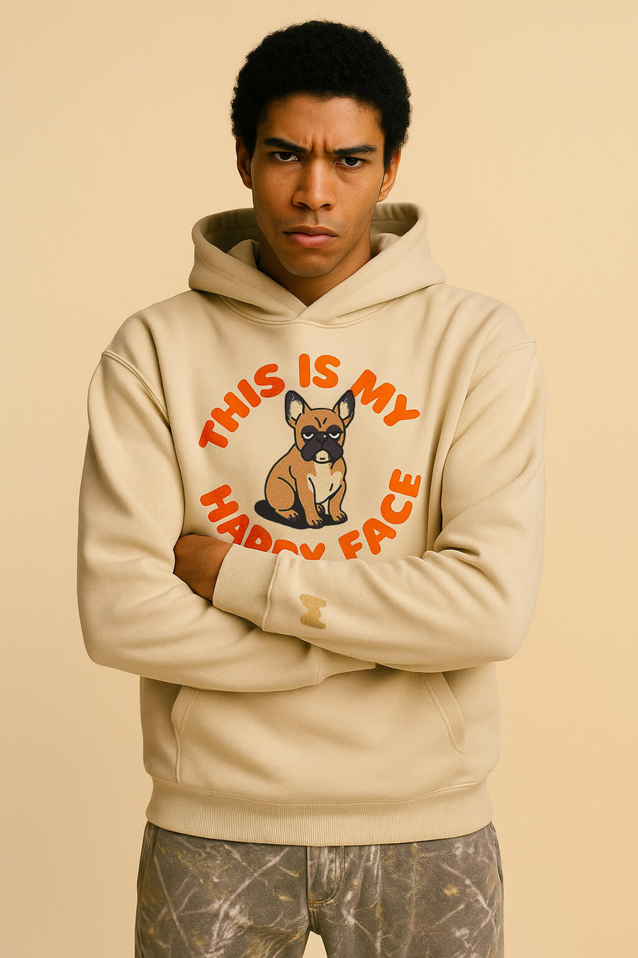This Is My Happy Face Frenchie Hoodie from WOOF, front view of the hood and pocket