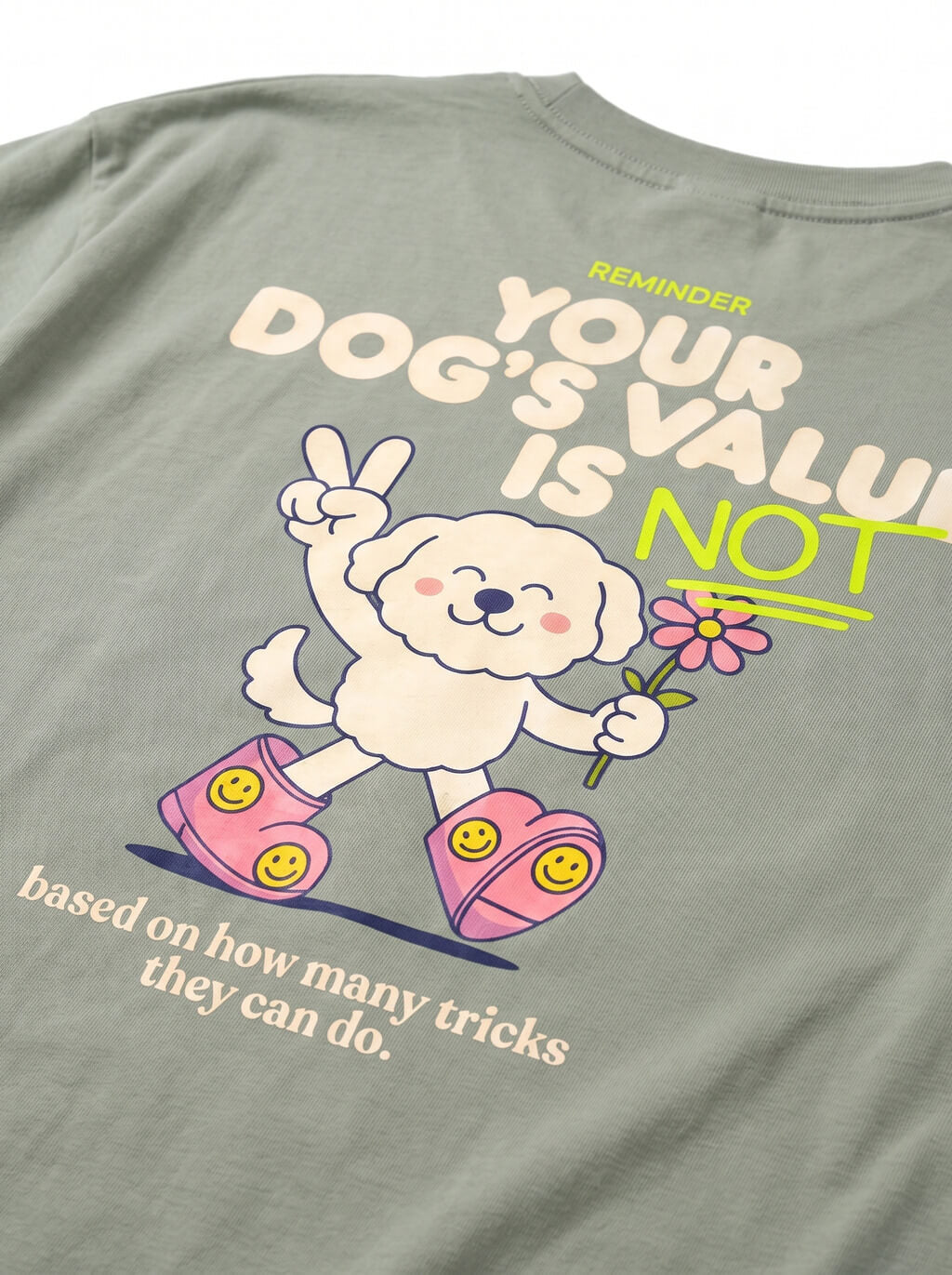 Fabric and print detail on the mint green Your Dog's Value Dog T-Shirt from WOOF