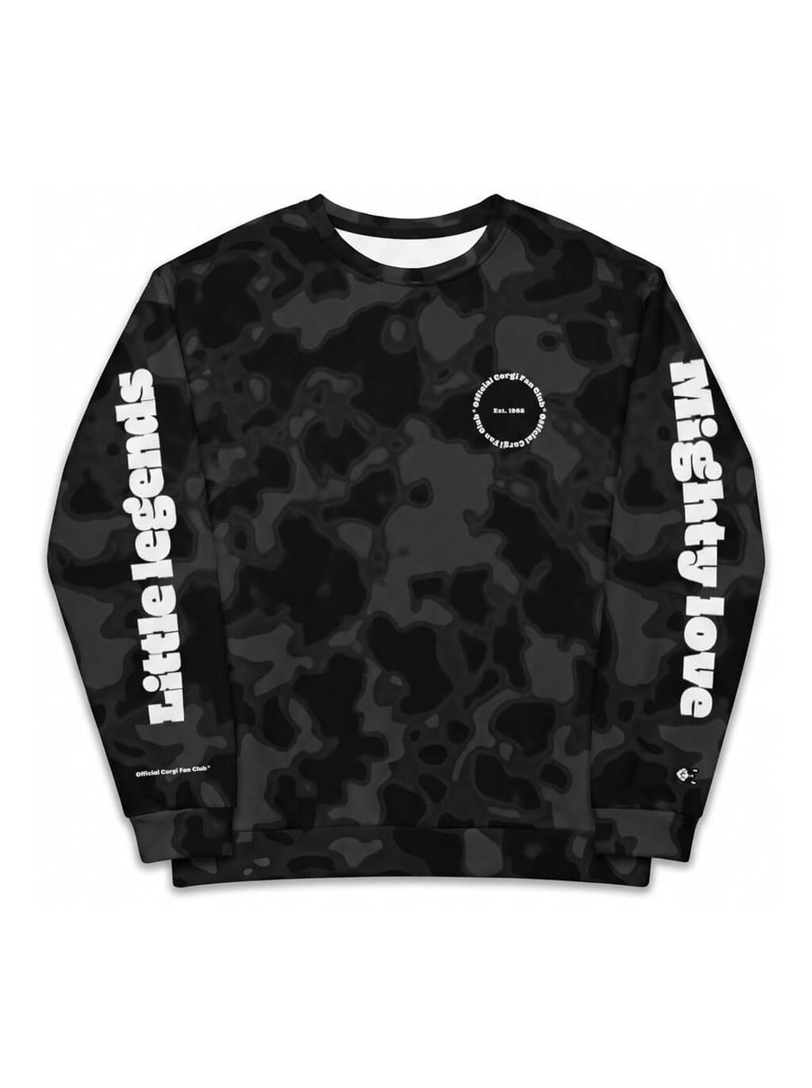 Black camo Corgi Fan Club Camo Sweatshirt from WOOF, alternate front view