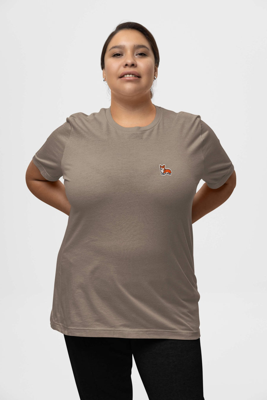 Pebble Corgi Bobtail Buddy T-Shirt from WOOF, front view with the corgi icon