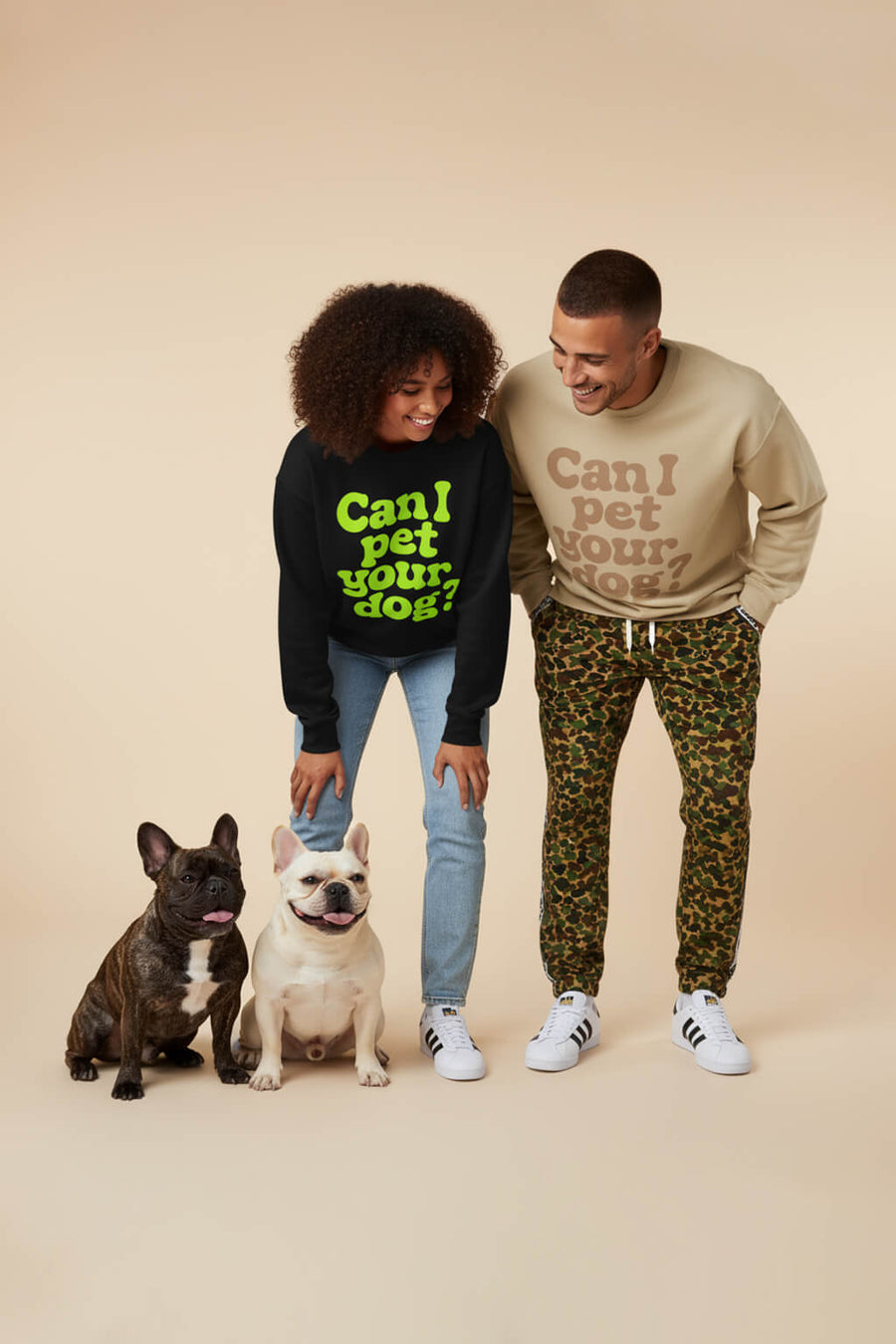 Can I Pet Your Dog Sweatshirts from WOOF in black and beige