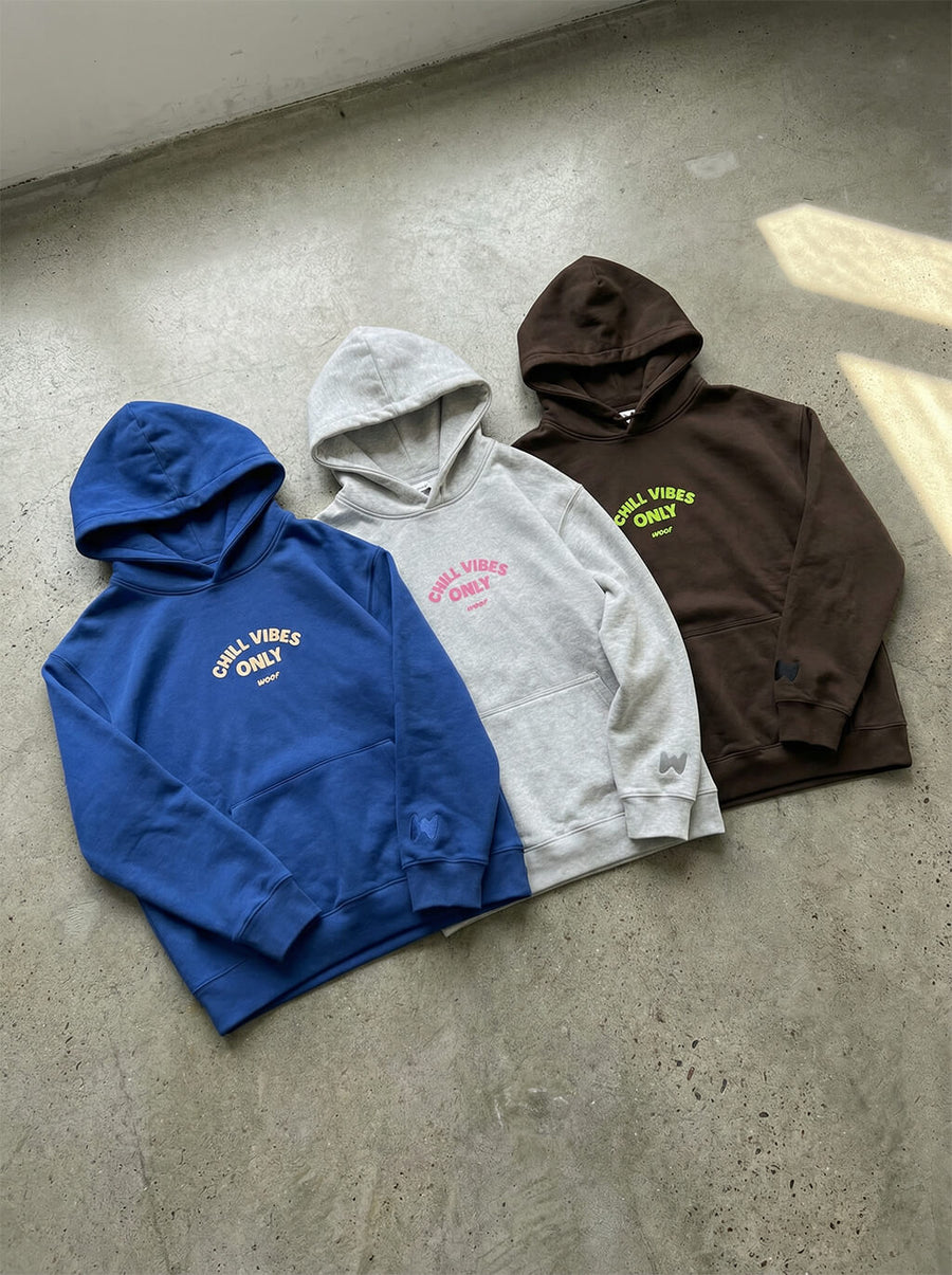 Chill Vibes Only French Bulldog Hoodies from WOOF in brown, grey and blue