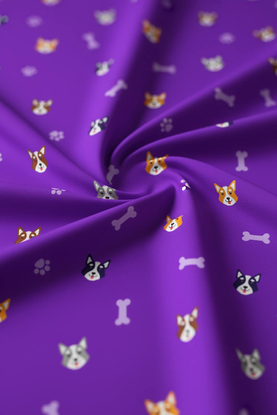Close up of the corgi print on the violet bodycon dress from WOOF