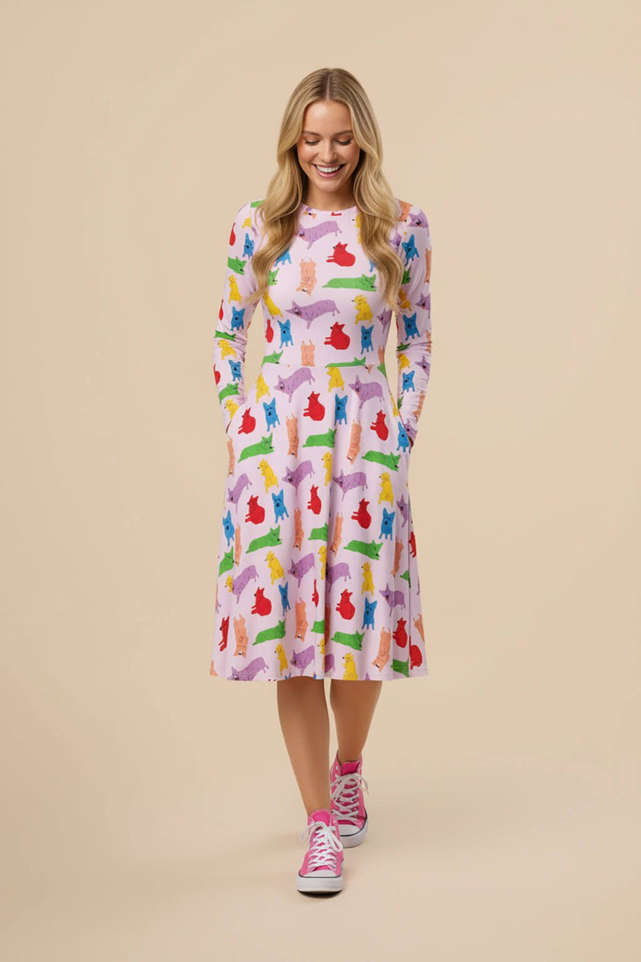 Supreme Corgi Confetti Midi Dress from WOOF worn with the sleeves down, front view