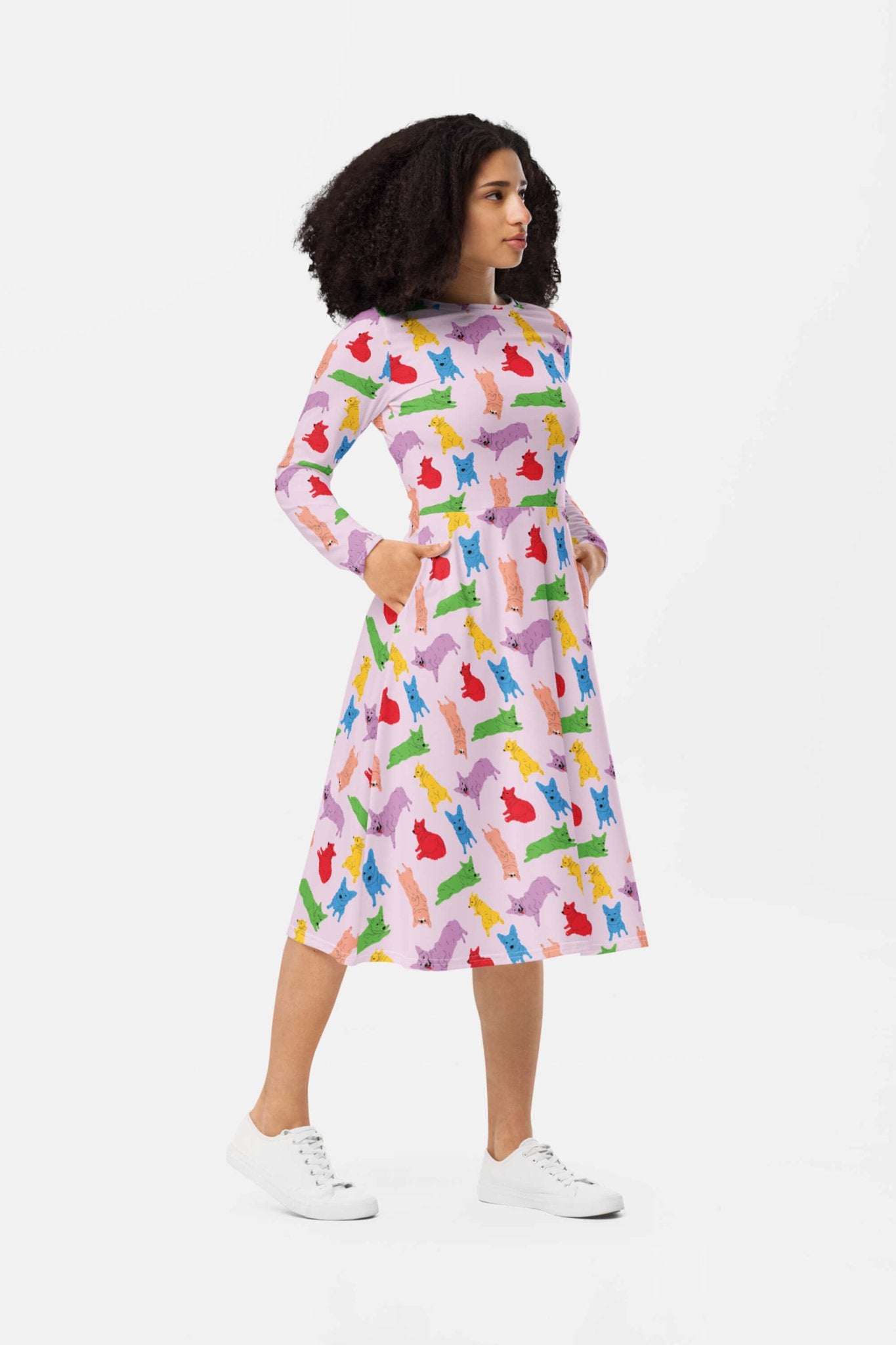 Supreme Corgi Confetti Long Sleeve Midi Dress - Dogloverclothing.com