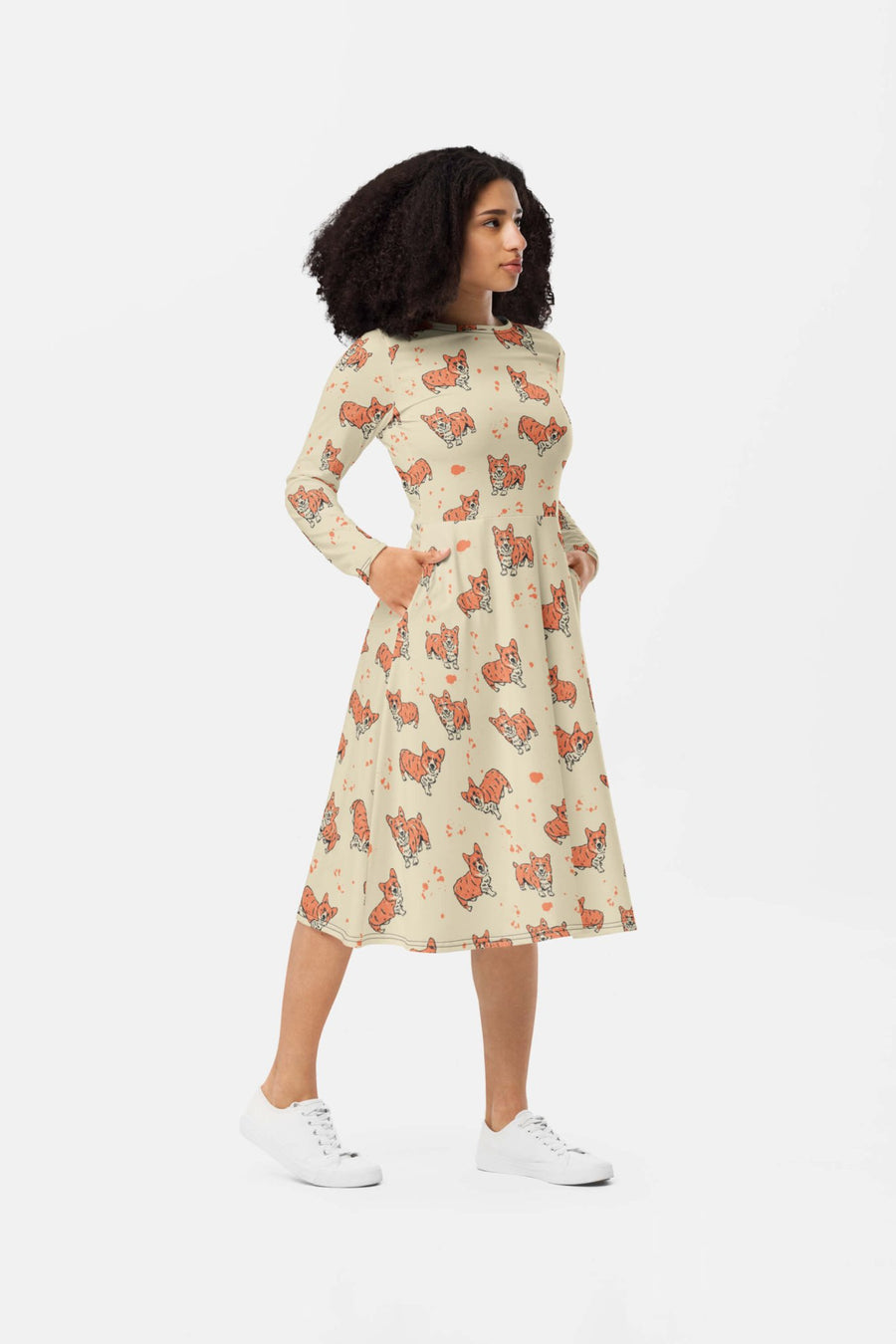 Cozy Corgi Midi Dress from WOOF seen in profile with hands in the side pockets
