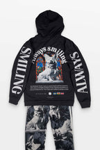 The Corgi Supreme Tribute Hoodie by Dogloverclothing.com showcases a corgi and dog statue graphic with a stained glass background. Always Smiling stands out with extra text and flags. Made from recycled materials, this eco-friendly hoodie blends style with sustainability.