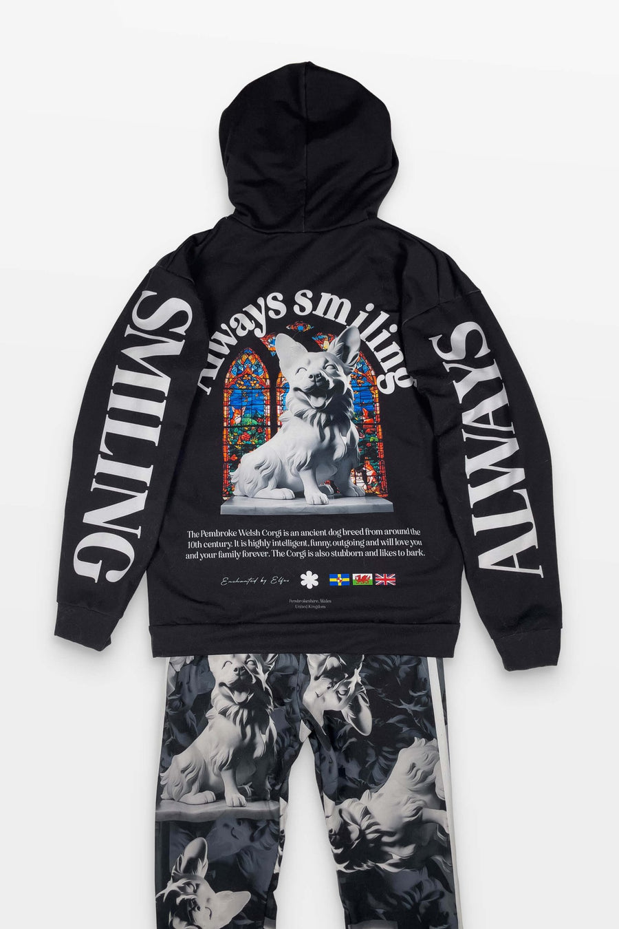 Back of the Corgi Supreme Tribute Hoodie and joggers set from WOOF