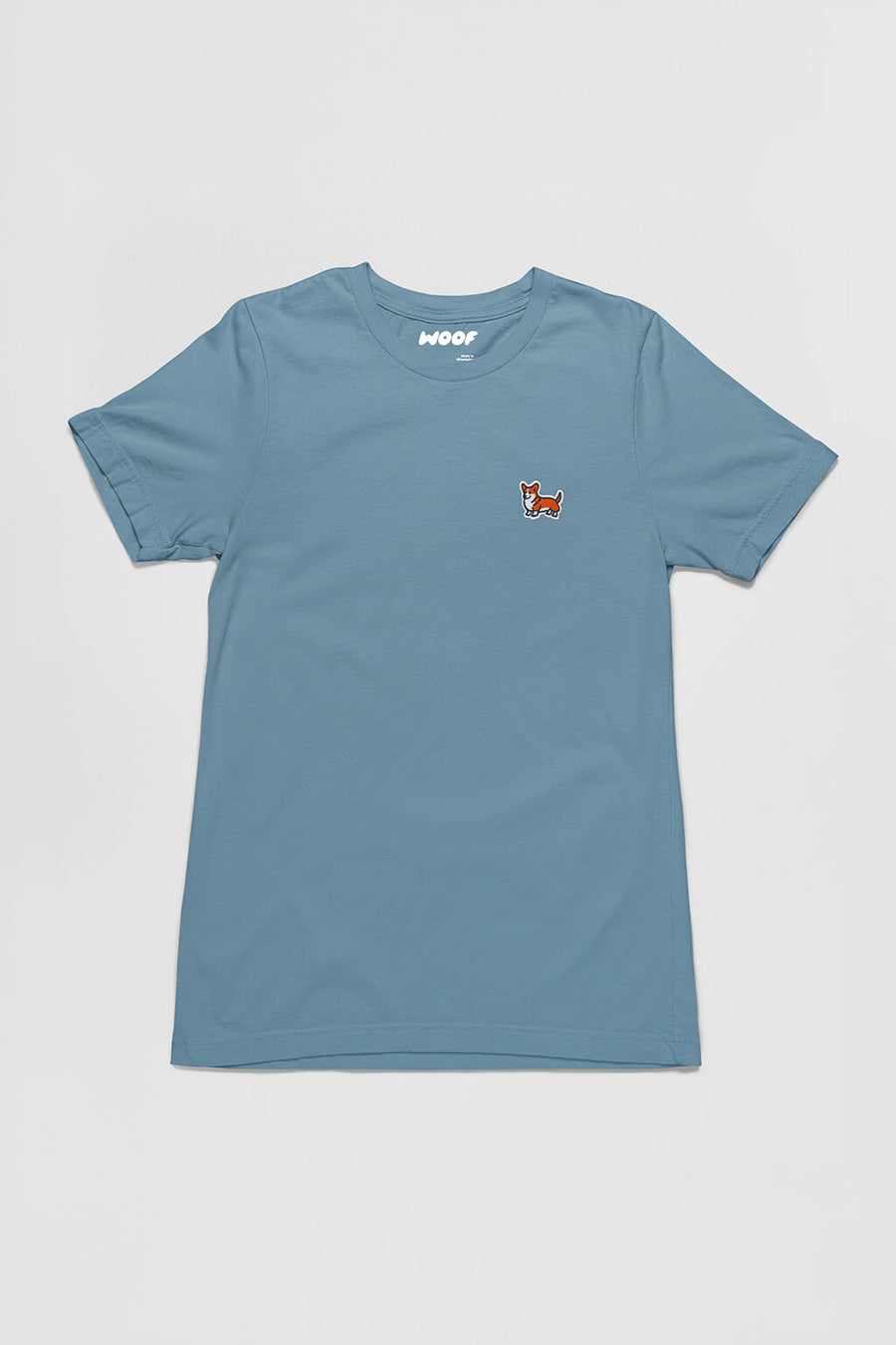 Steel blue Corgi Bobtail Buddy T-Shirt from WOOF, front view of the corgi icon