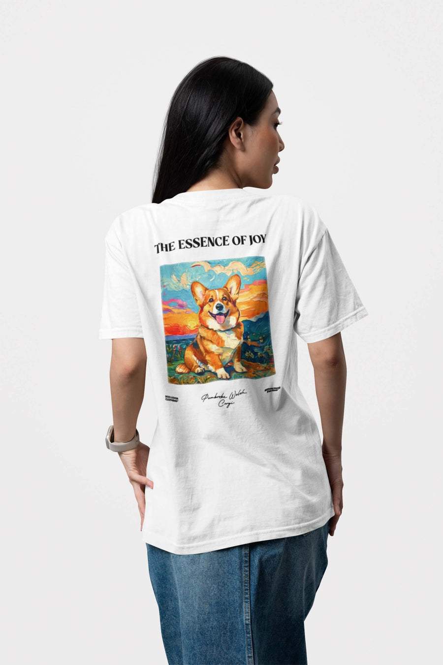 Poetic Corgi Joy T-Shirt from WOOF seen from the back on a plain background