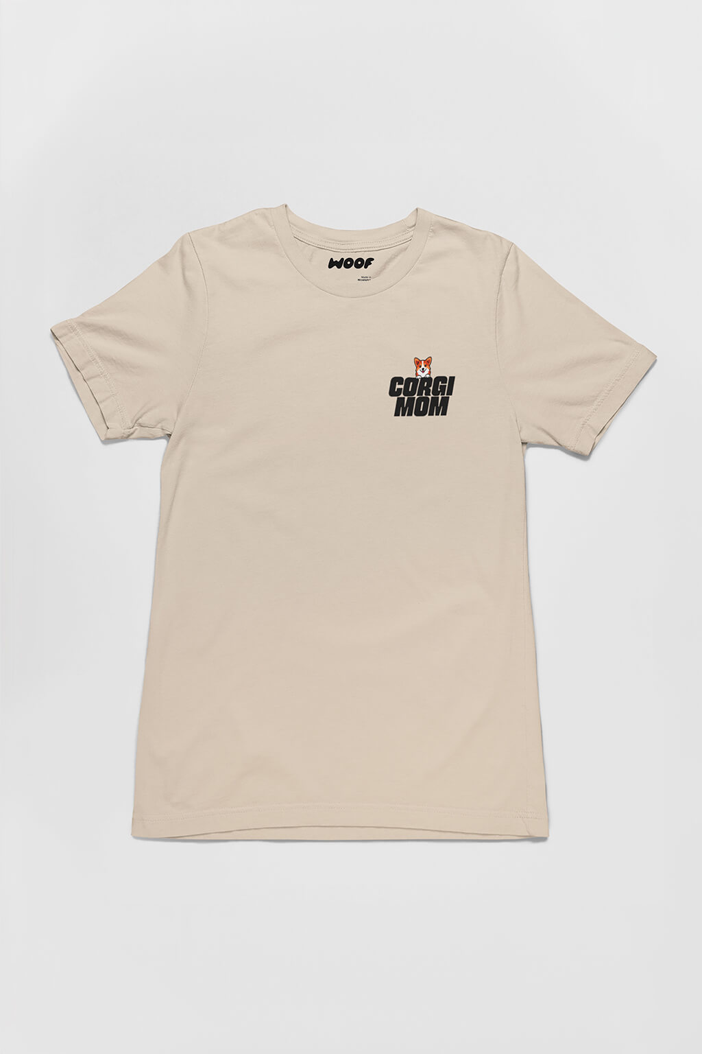 Soft cream Corgi Mom T-Shirt from WOOF, front view of the print