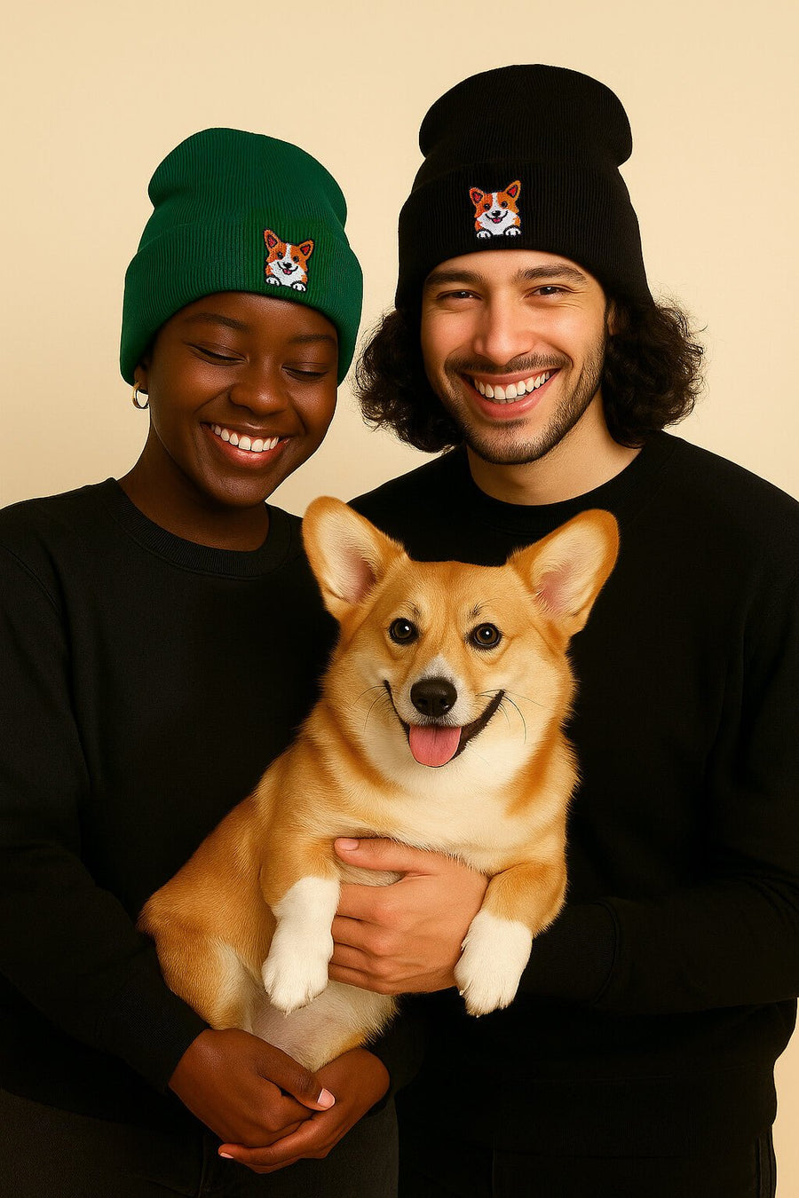 Cozy Corgi Patch Beanie from WOOF with the folded cuff and corgi patch