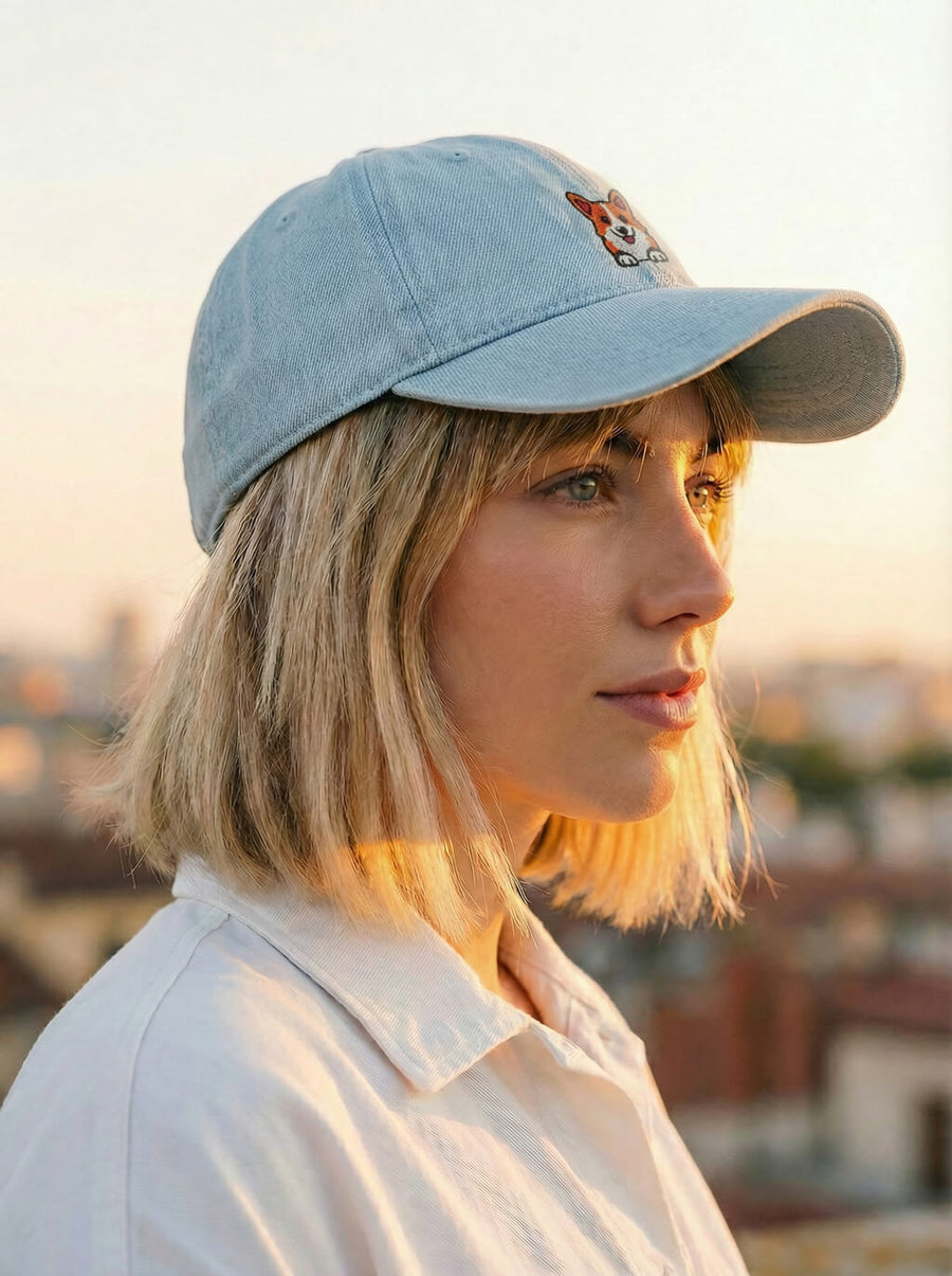 Side view of the light blue denim Iconic Corgi Cap from WOOF