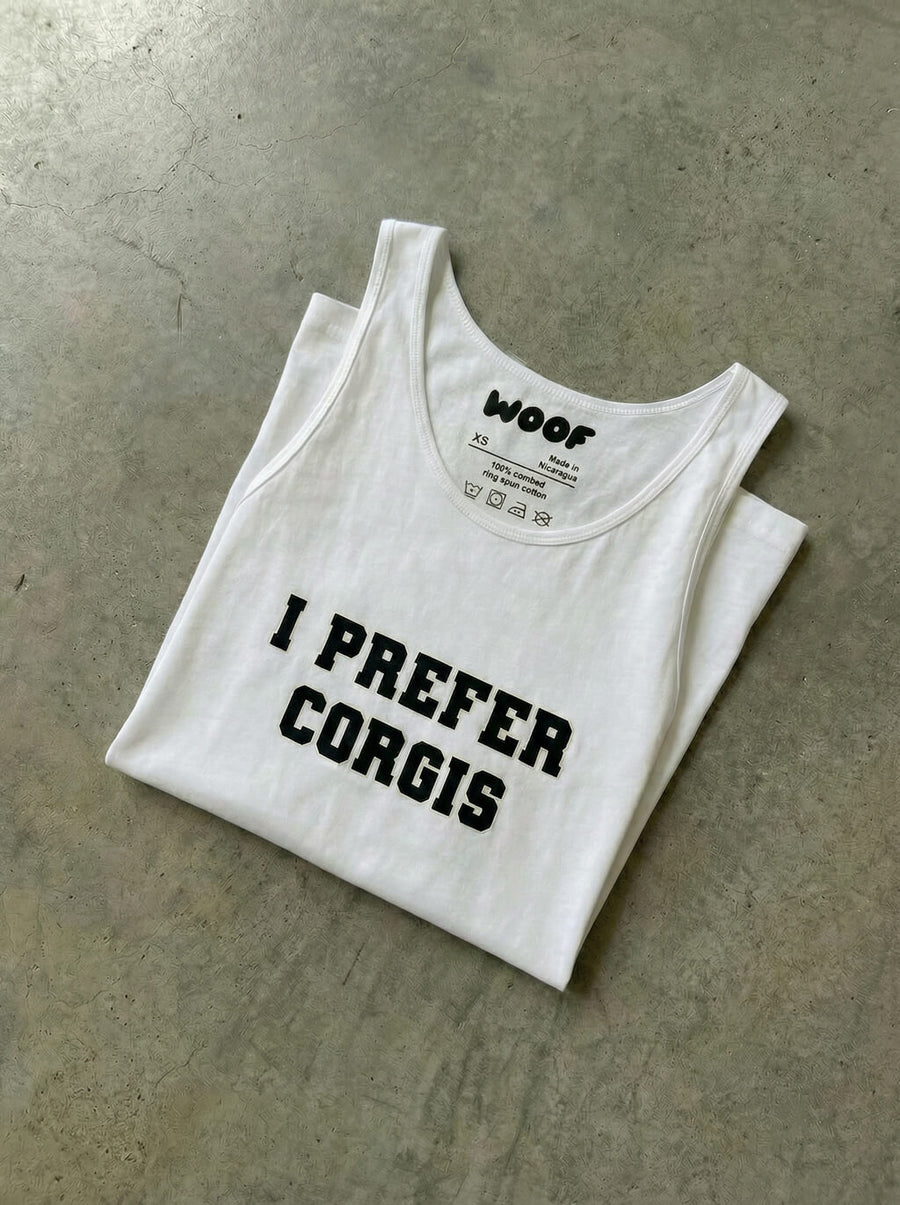 I Prefer Corgis Tank Top from WOOF folded, showing the print
