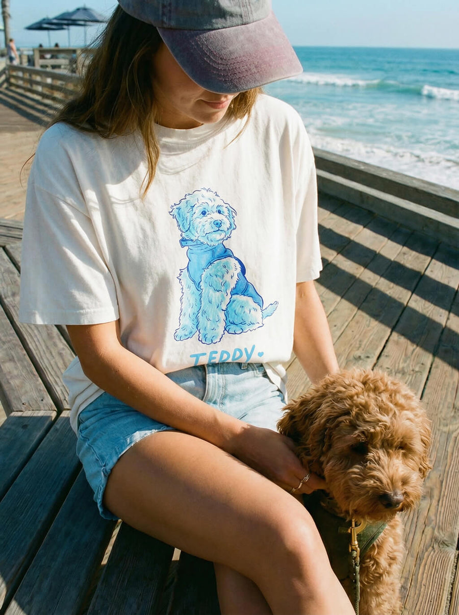 White custom dog caricature T-Shirt from WOOF, front view of the printed portrait