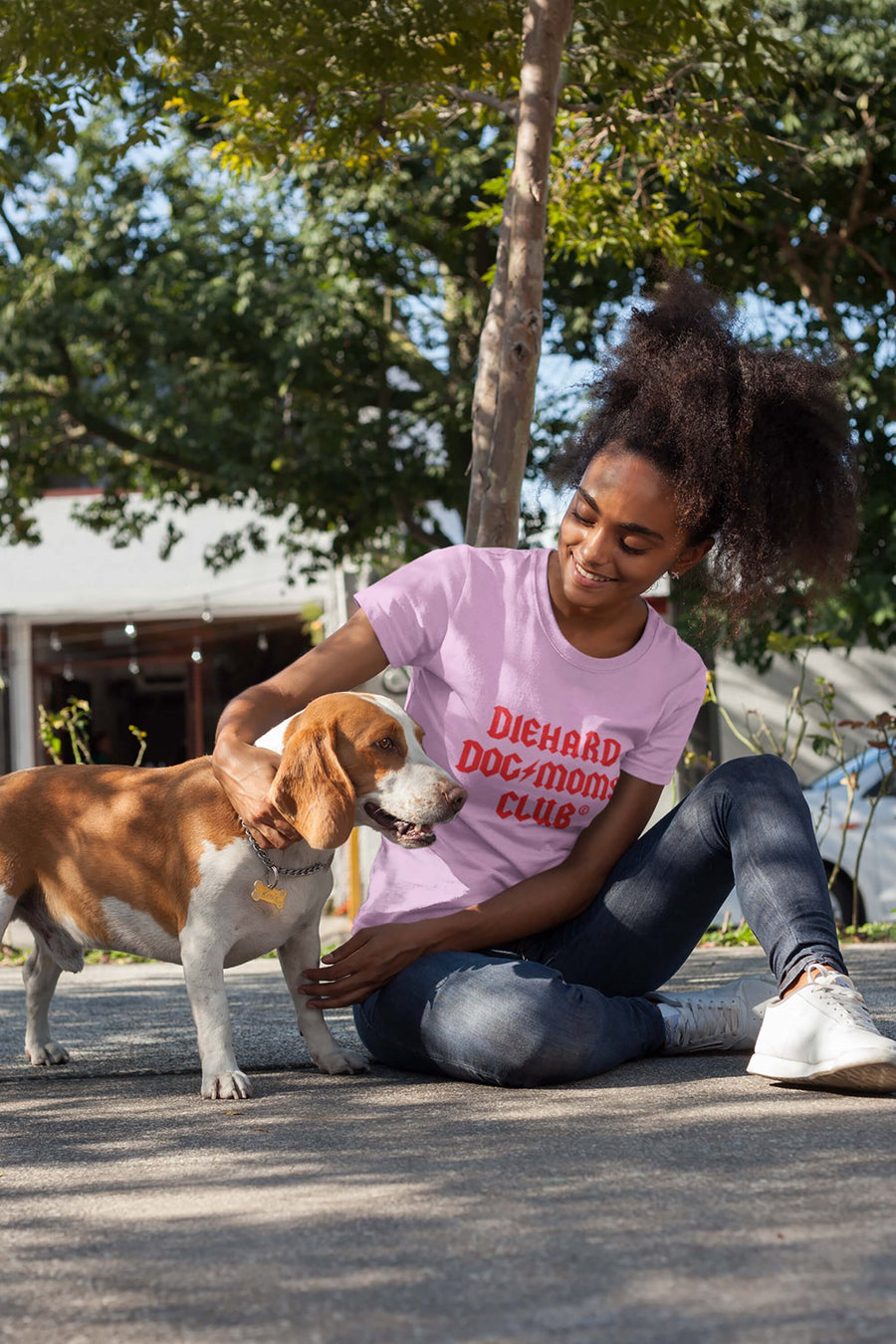 Model wearing the lilac Diehard Dog Moms Club T-Shirt from WOOF