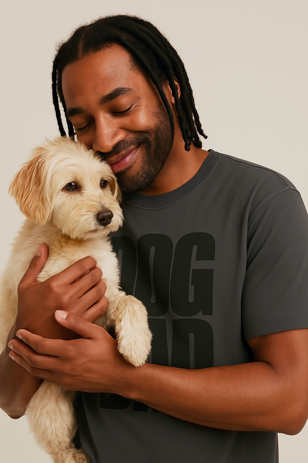 A man with dreadlocks, eyes closed and smiling, hugs a fluffy cream-colored dog while wearing an Oversized Dog Dad T-Shirt from Dogloverclothing.com in relaxed fit dark gray cotton.