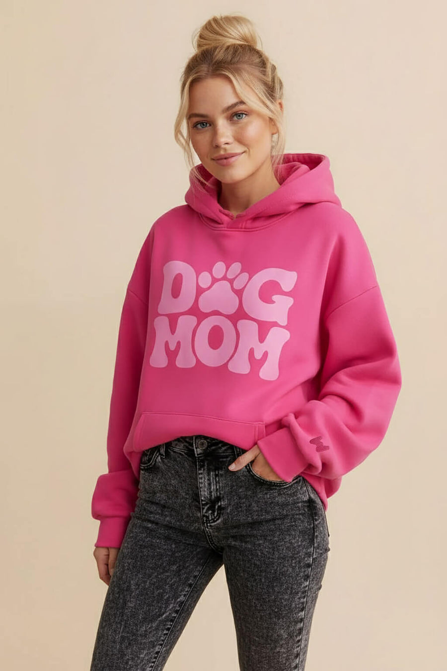 Pink Dog Mom Hoodie from WOOF, front view with the Dog Mom print