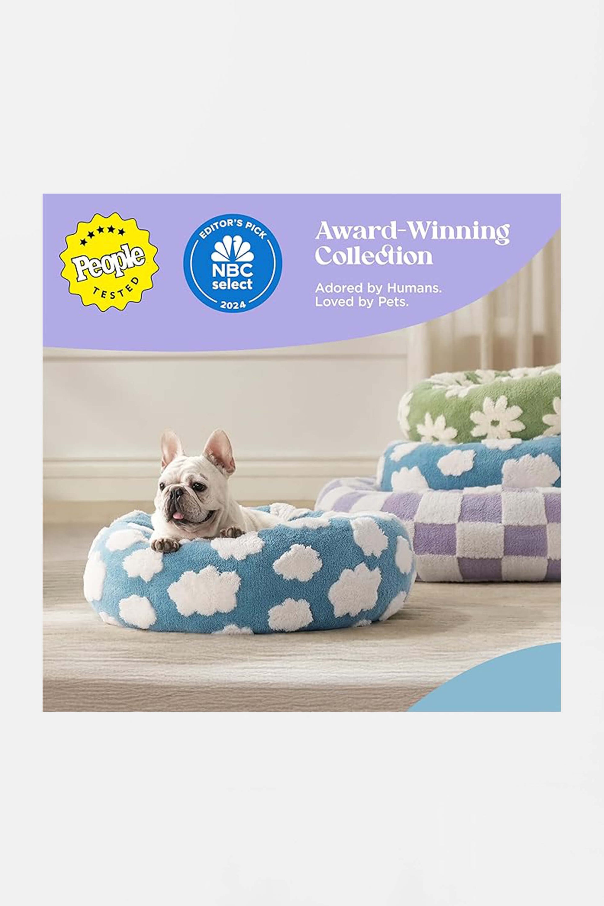 A small dog rests in a 30 Super Soft Cloud Dog Bed from Amazon, featuring a plush, anti-slip bottom and cloud pattern. Nearby are beds with floral and check designs. Labels highlight its award-winning status, praised by a magazine and NBC Select.