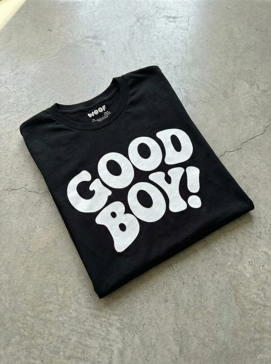 Black Good Boy Dog T-Shirt from WOOF folded, showing fabric and print