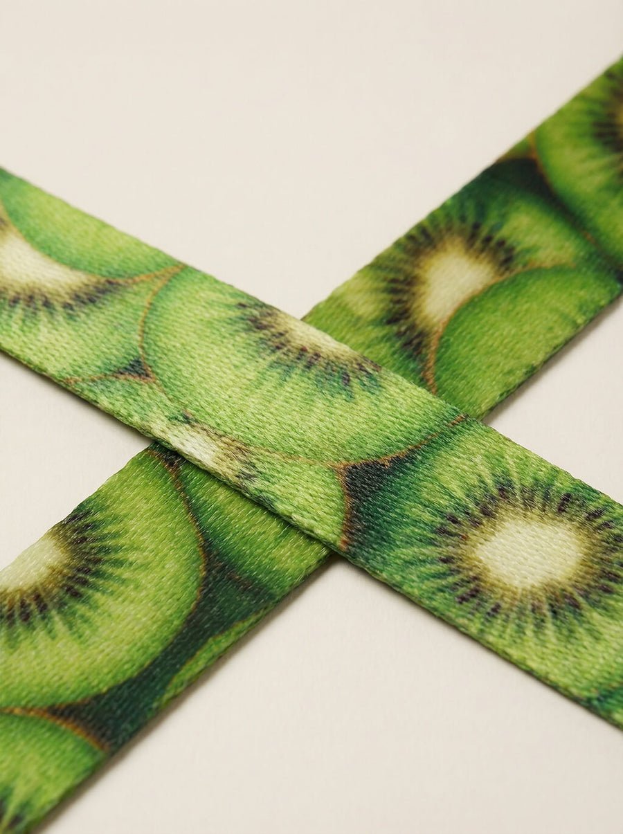 Close up of the kiwi print on the collar and leash set from WOOF
