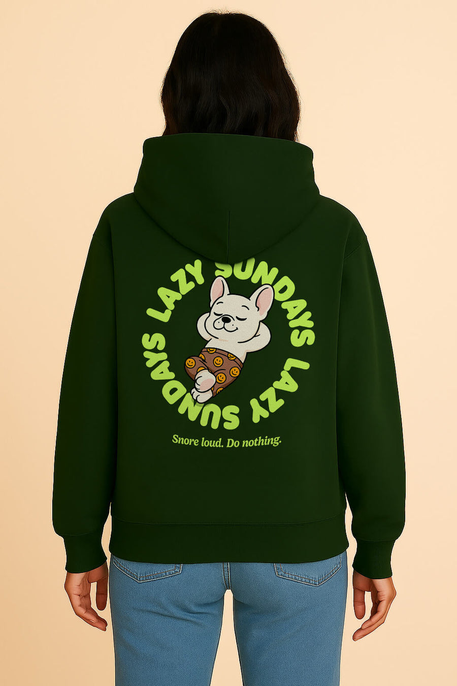 Back of the dark green Lazy Sundays Frenchie Hoodie from WOOF