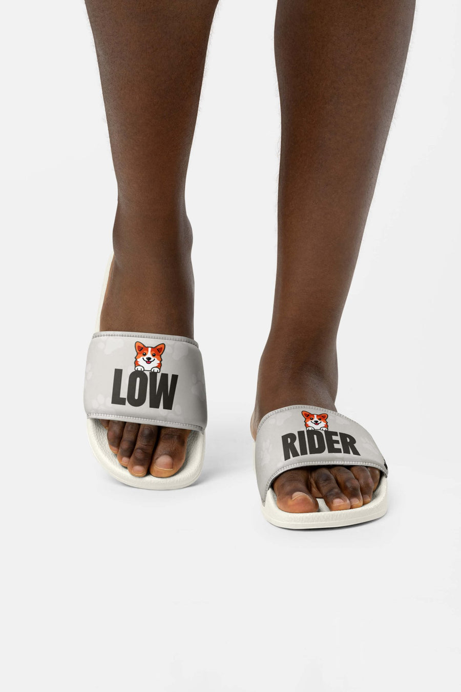 Comfy Corgi Rider Slides from WOOF in white, side view while worn