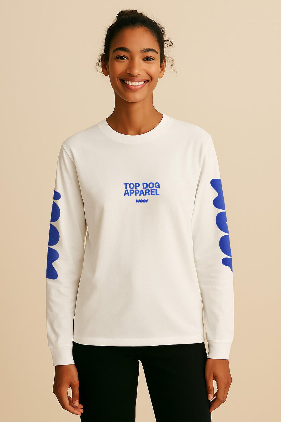 Back of the white Top Dog Apparel long sleeve T-Shirt from WOOF