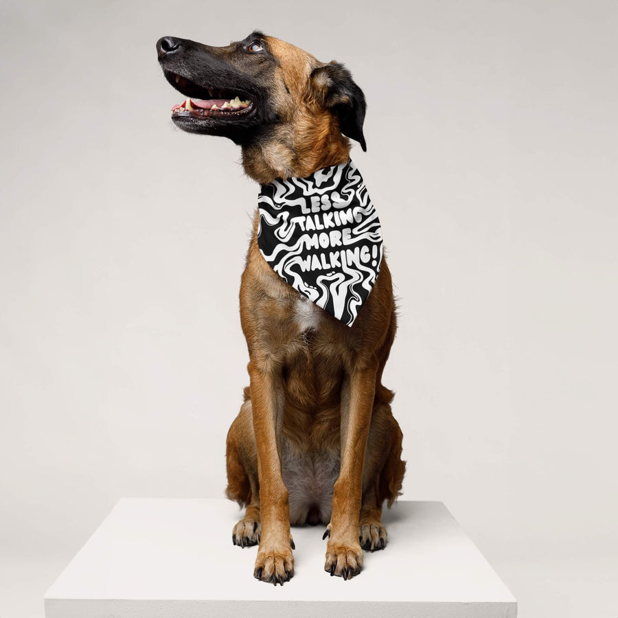 Less Talking More Walking dog bandana from WOOF showing the print across the fabric
