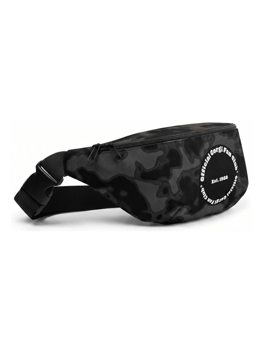 Side view of the black camo Corgi Fan Club Fanny Pack from WOOF