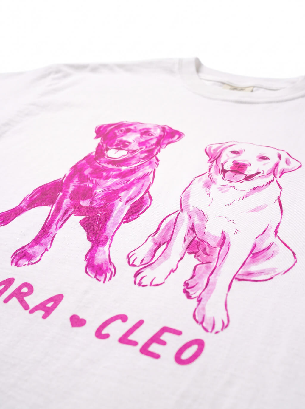 Close up of the caricature print quality on the white T-Shirt from WOOF