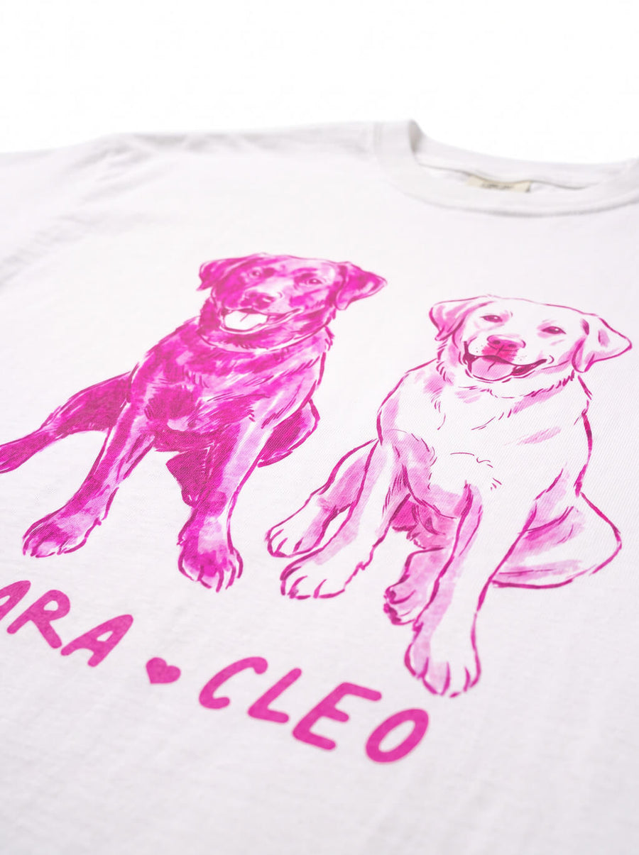 Close up of the caricature print quality on the white T-Shirt from WOOF