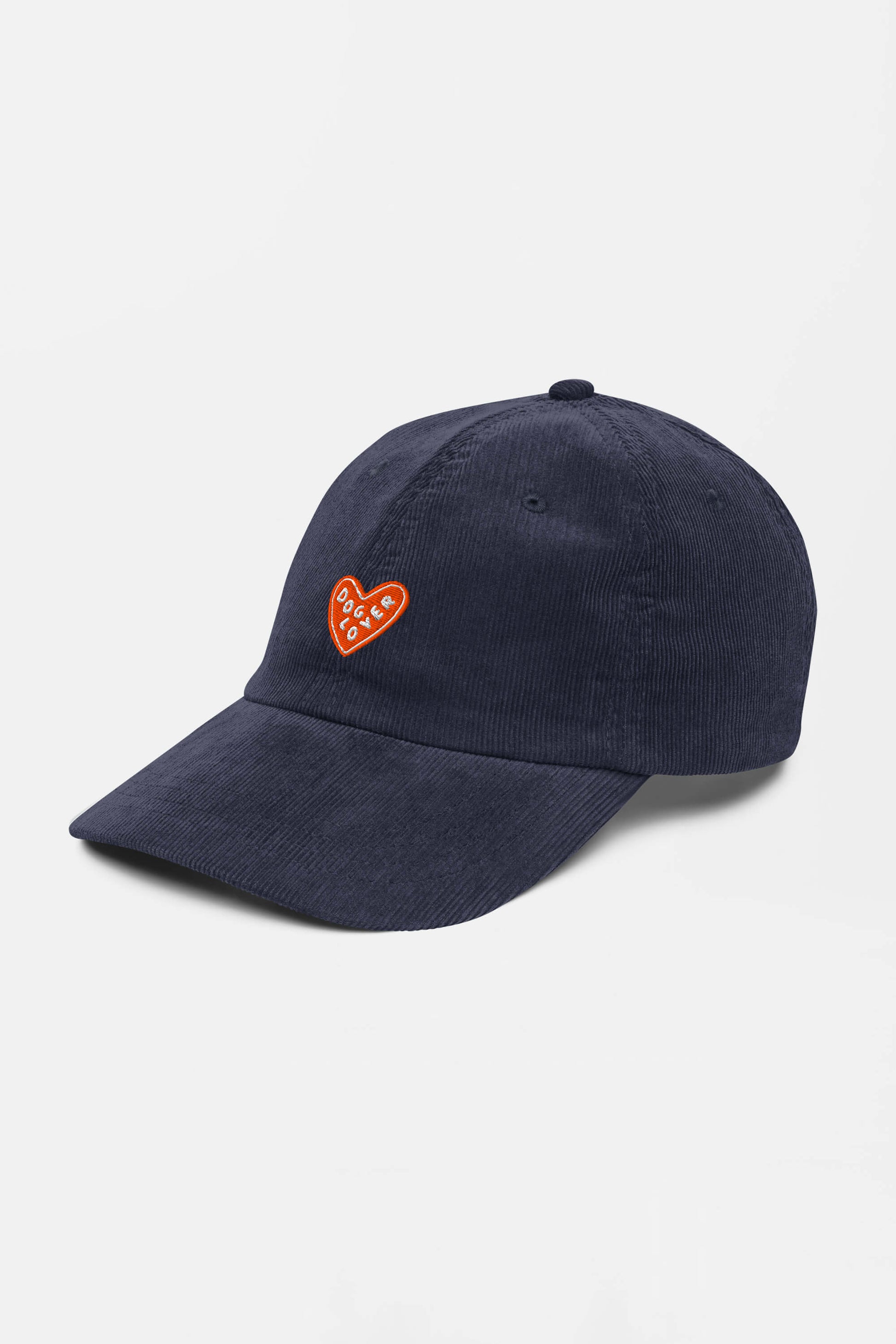 The Limited Dog Lover Corduroy Cap by Dogloverclothing.com is a navy blue vintage hat with a small red heart patch and PEACE & LOVE embroidered in white on the front. Adjustable fit for comfort and timeless style.