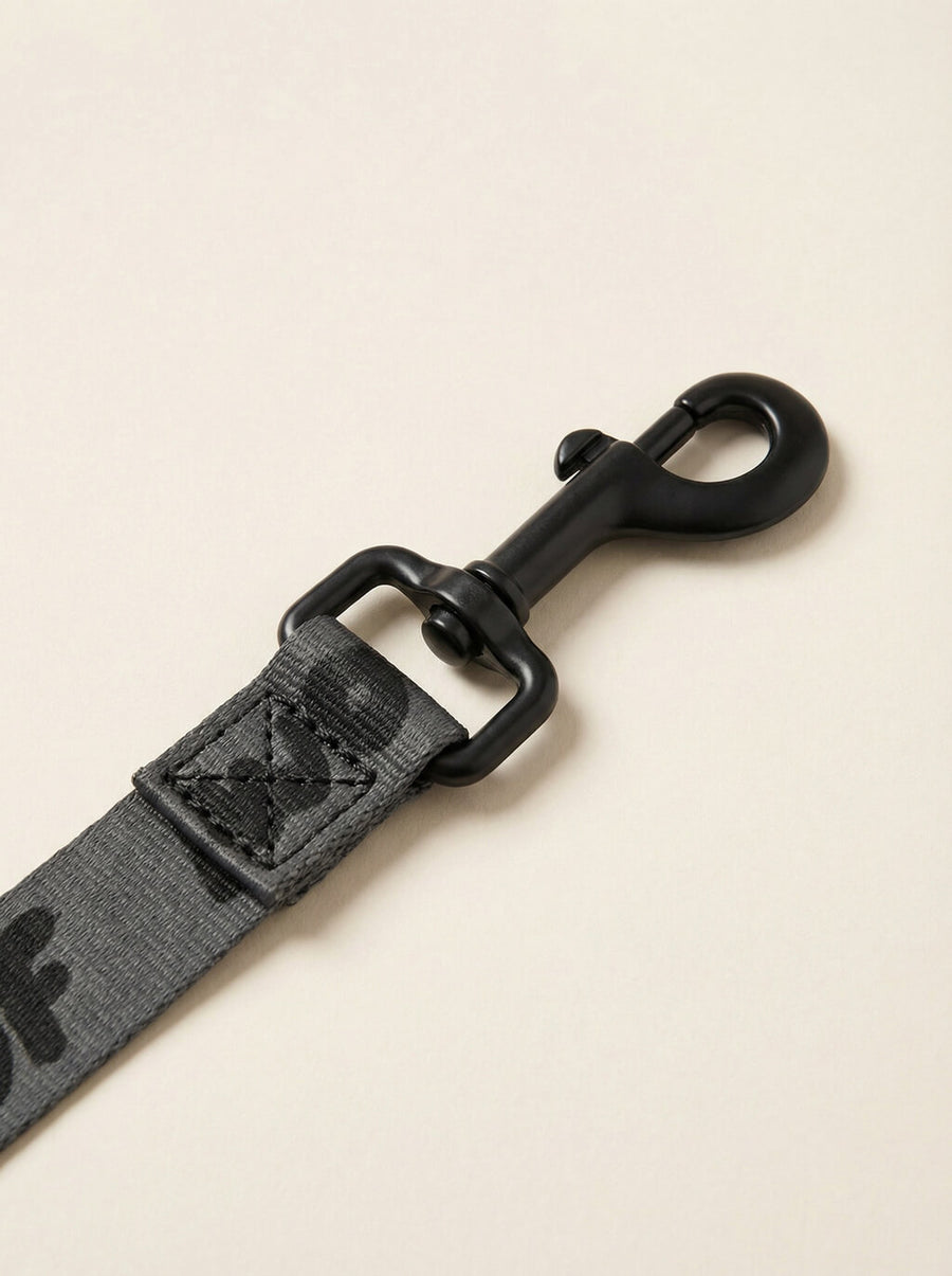 Webbing texture on the all black WOOF dog collar and leash