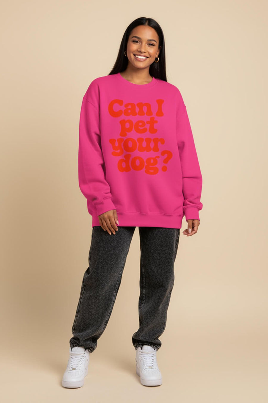Pink Can I Pet Your Dog Sweatshirt from WOOF, front view