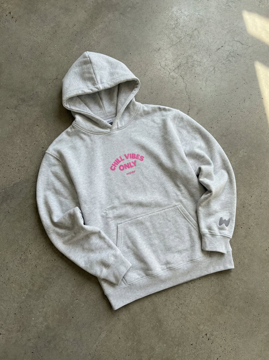 Heather grey Chill Vibes Only French Bulldog Hoodie from WOOF, front view