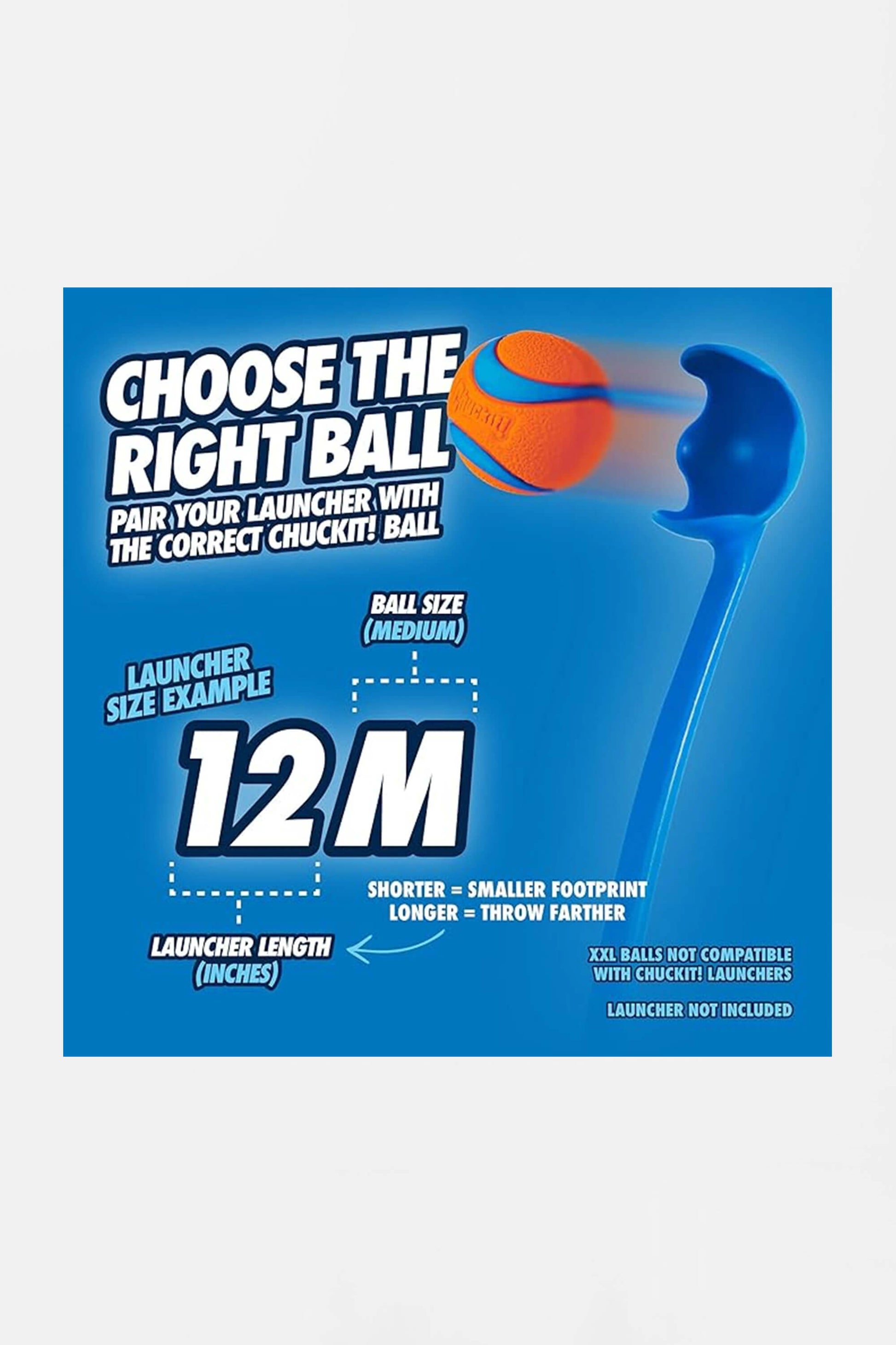 A vibrant graphic features a blue and orange ball designed for the Chuckit! 12 Dog Ball Launcher by Amazon. It emphasizes choosing the correct size, like medium, for an engaging fetch game with your dog. Note: the launcher is included.