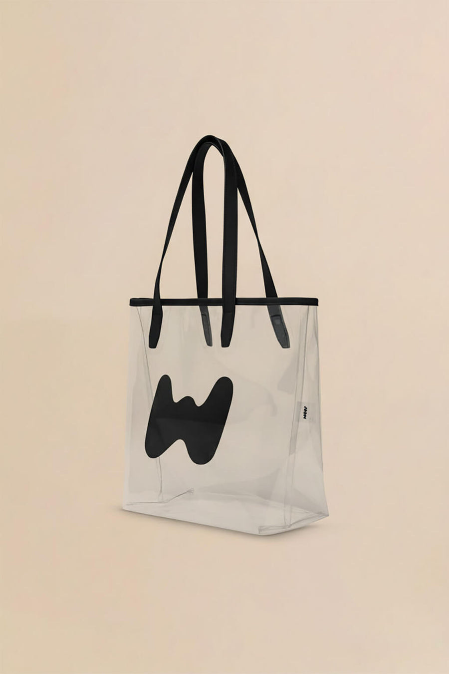 Side view of the clear WOOF tote bag