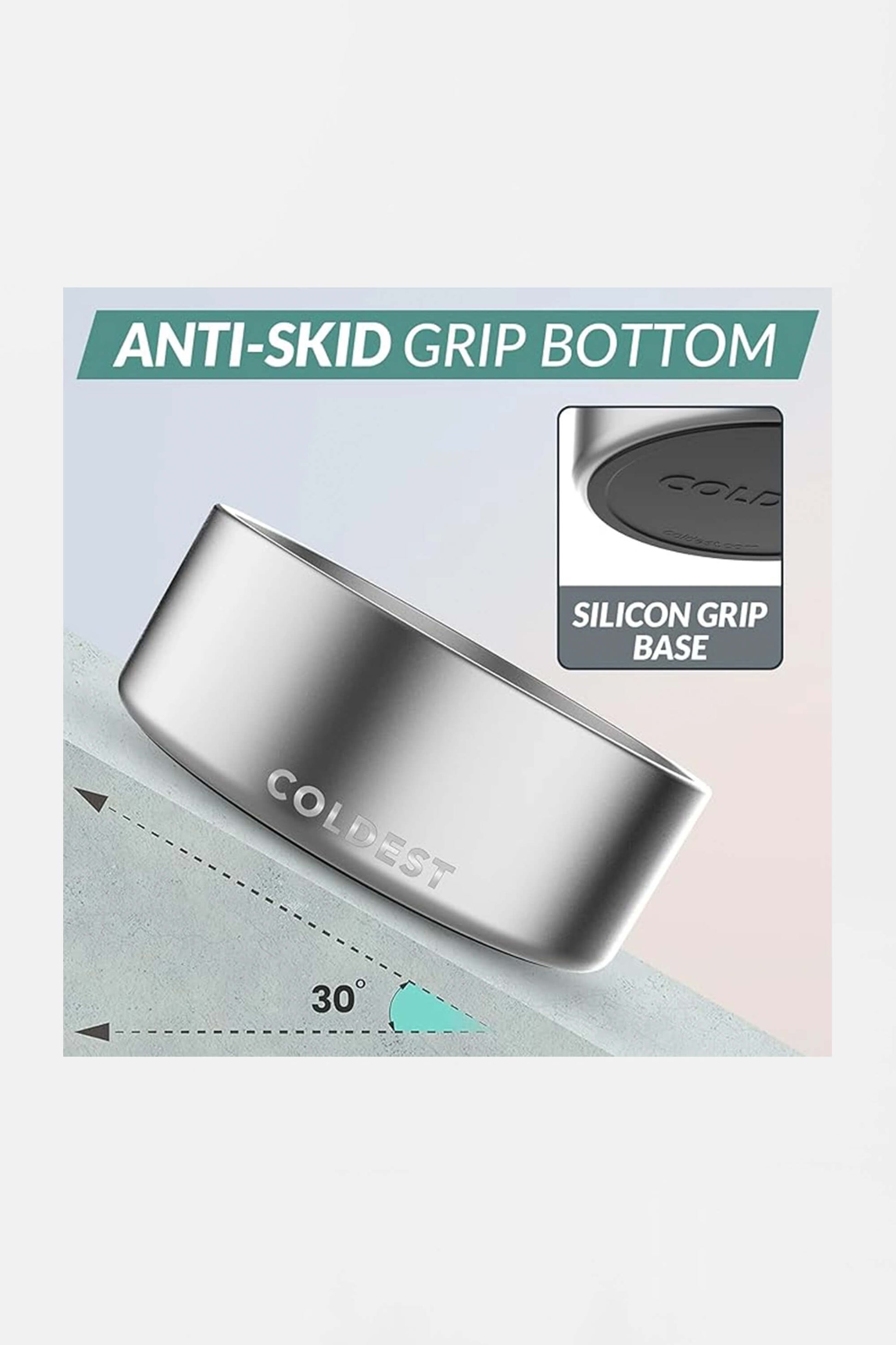 Image of the Amazon Coldest Stainless Steel Metal Dog Bowl (64oz) with COLD visible, featuring an anti-skid silicone grip base. The container is tilted at a 30-degree angle on a textured surface, with a close-up inset showcasing the grip.