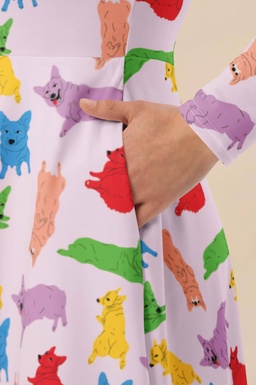 Close up of the confetti corgi print on the midi dress from WOOF