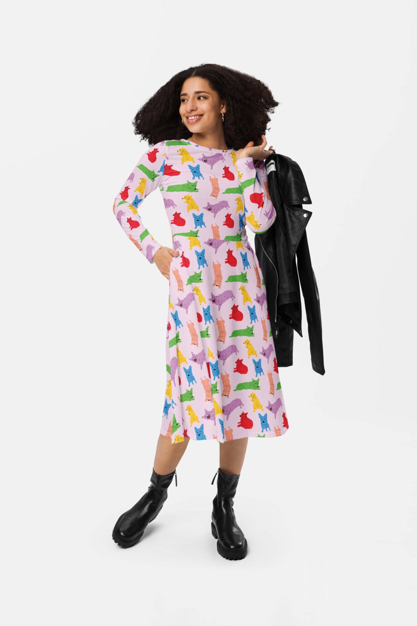 Supreme Corgi Confetti Long Sleeve Midi Dress - Dogloverclothing.com