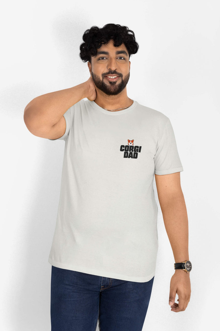 Silver Corgi Dad Premium T-Shirt from WOOF, front view with the corgi dad print